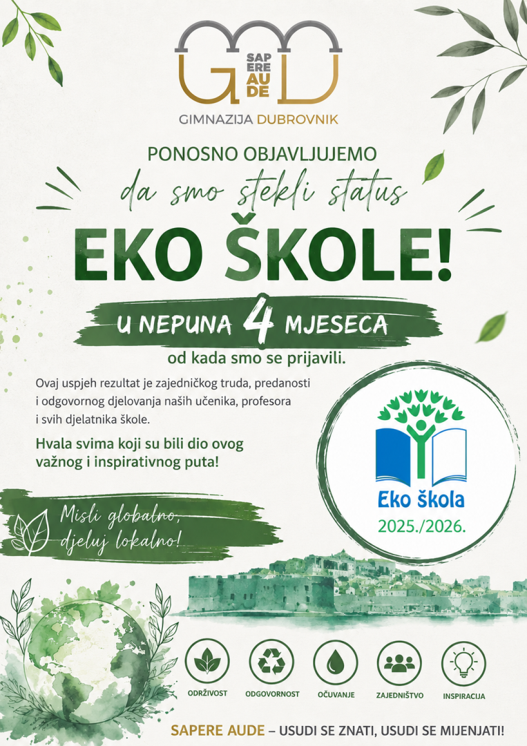 Gimnazija Dubrovnik stekla status Međunarodne Ekoškole